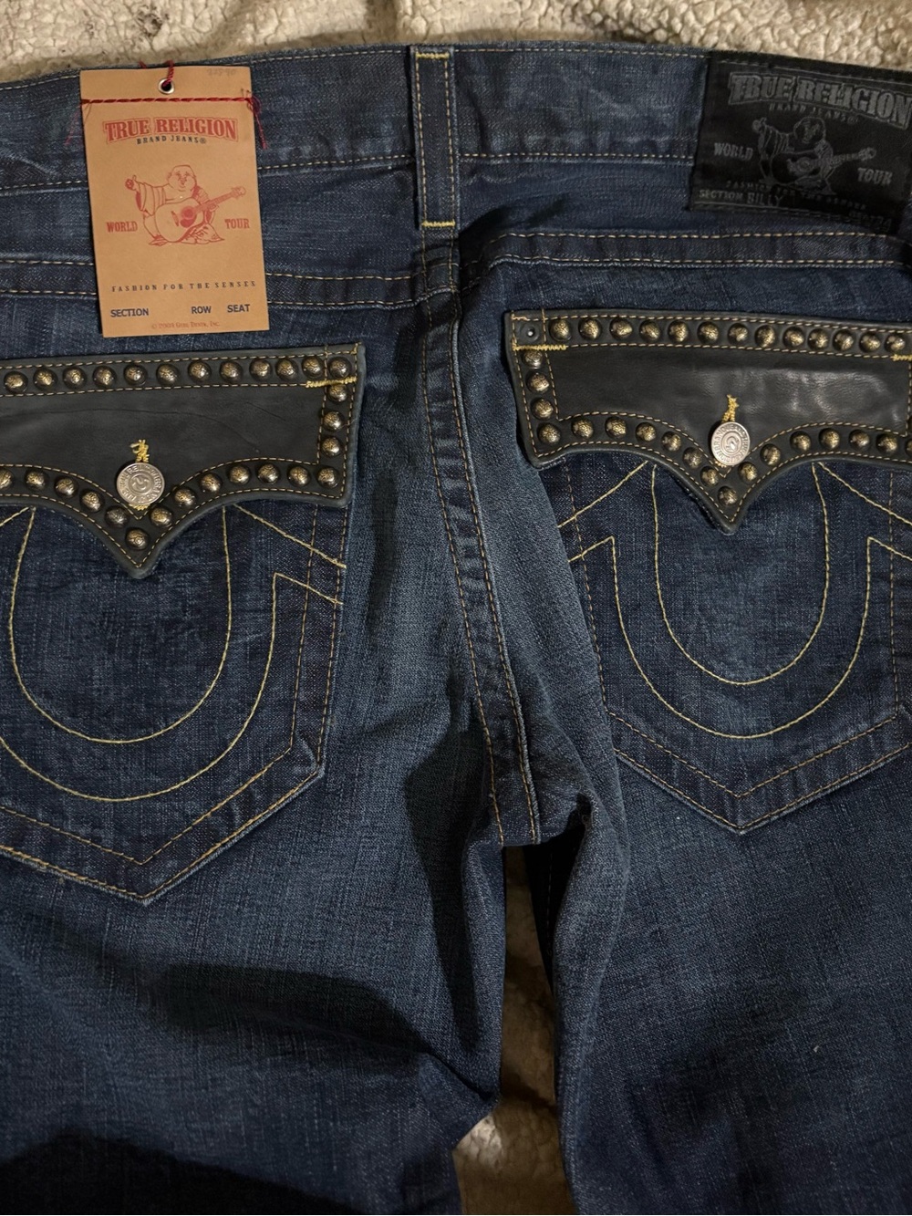 True Religion Men’s Dark Blue Jeans with Studded Leather Back Pockets
